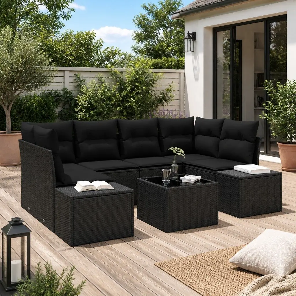 Garden Sofa Set Modular Outdoor Furniture 7 Piece Black Poly Rattan with Cushions