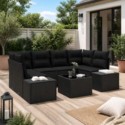 Garden Sofa Set 7 Piece Outdoor Furniture Black Poly Rattan with Cushions Patio