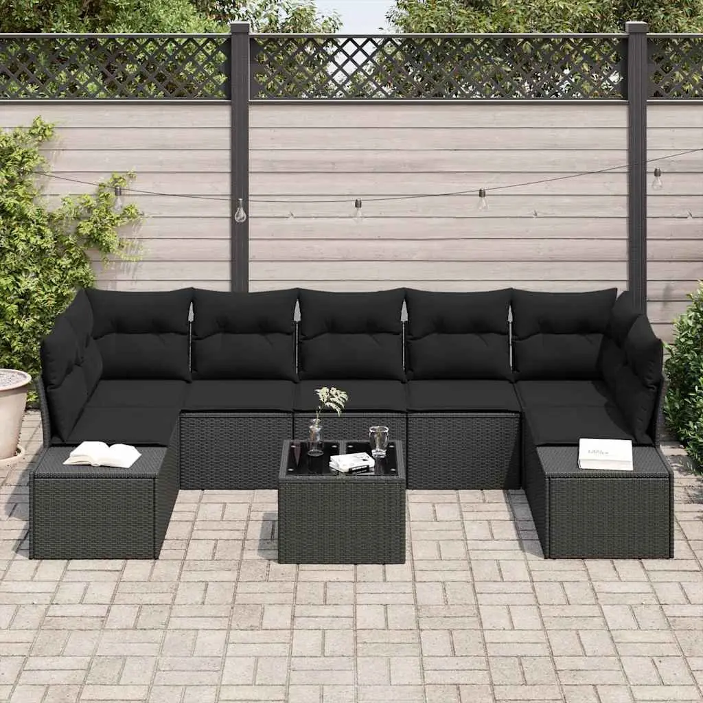Garden Sofa Set 8 Pieces Black Poly Rattan Modular Outdoor Furniture with Glass