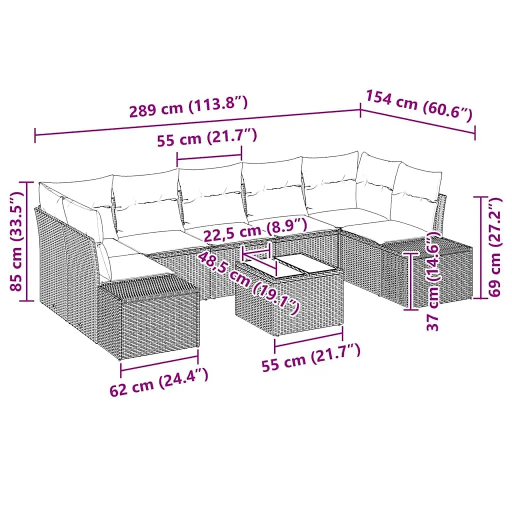 Garden Sofa Set 8 Pieces Black Poly Rattan Modular Outdoor Furniture with Glass