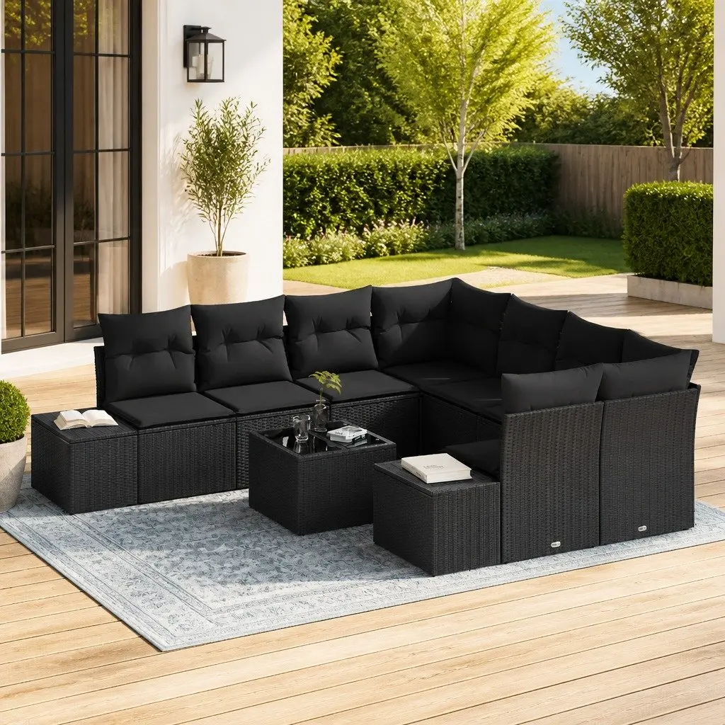 Outdoor Garden Sofa Set Black Poly Rattan 9 Piece with Cushions
