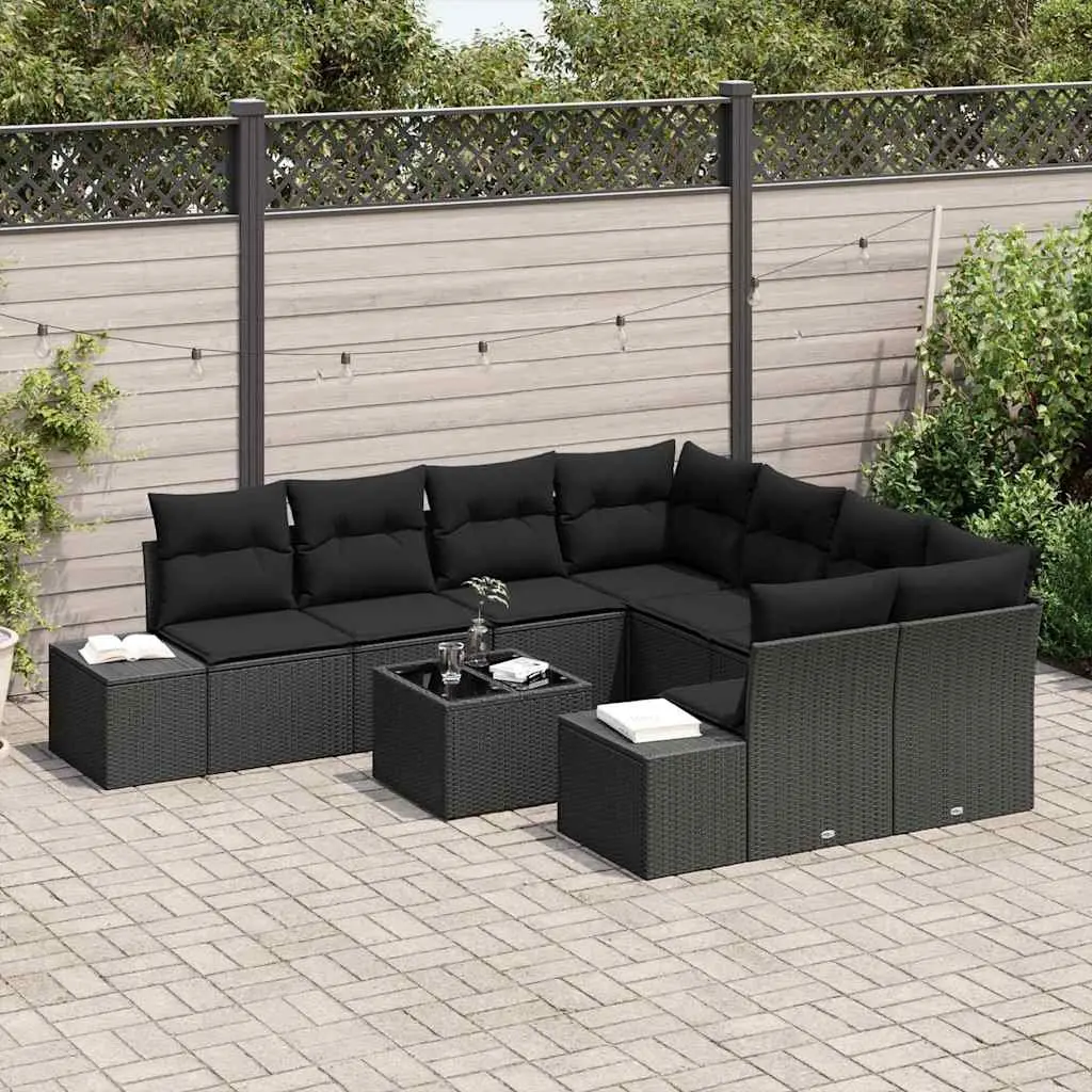 Outdoor Garden Sofa Set Black Poly Rattan 9 Piece with Cushions