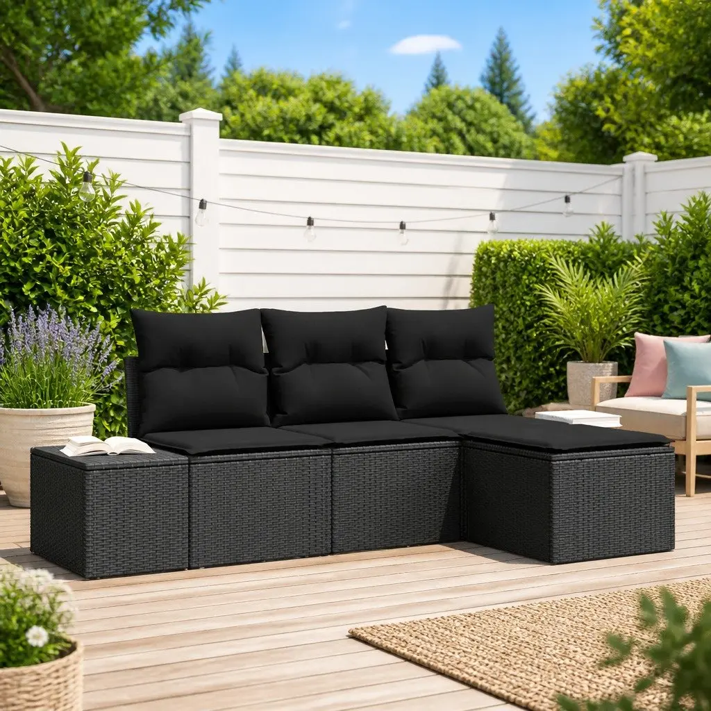 Modular Black Poly Rattan Outdoor Furniture Sofa Set 4 Piece with Cushions