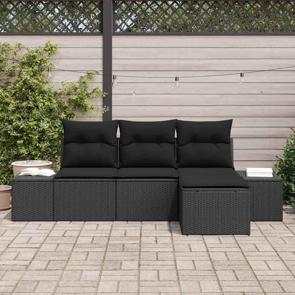 Modular Black Poly Rattan Outdoor Furniture Sofa Set 4 Piece with Cushions