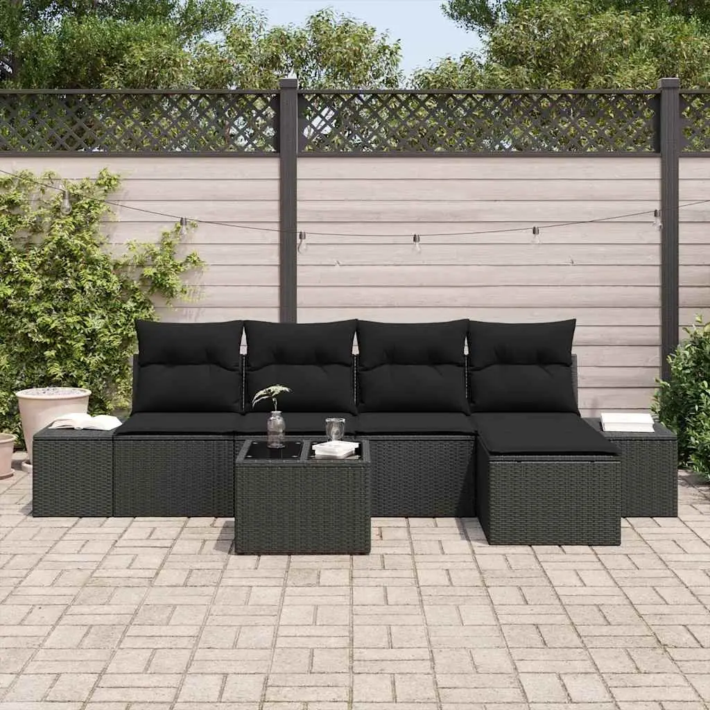 Modular Outdoor Furniture Sofa Set Black Poly Rattan 6 Piece Garden Seating