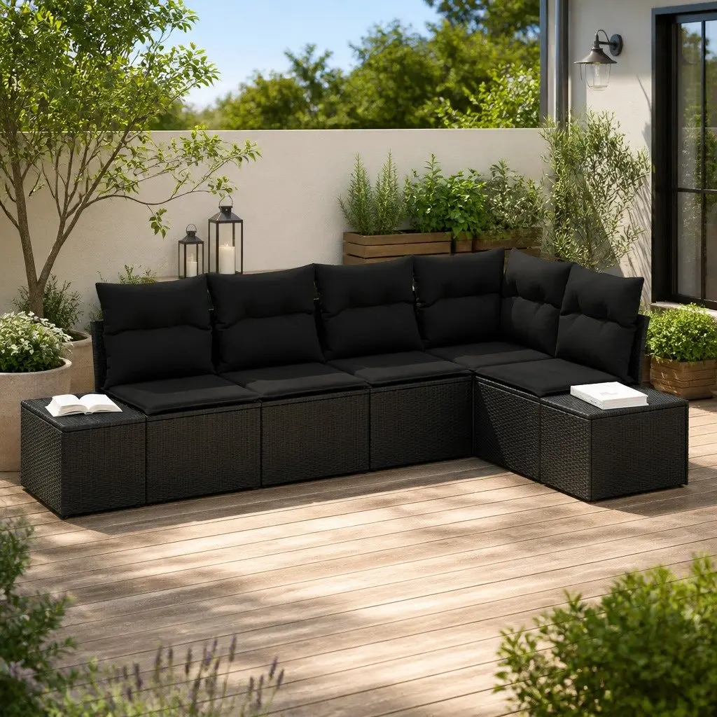 Outdoor Garden Sofa Set Modular Black 5 Piece Poly Rattan Patio Furniture