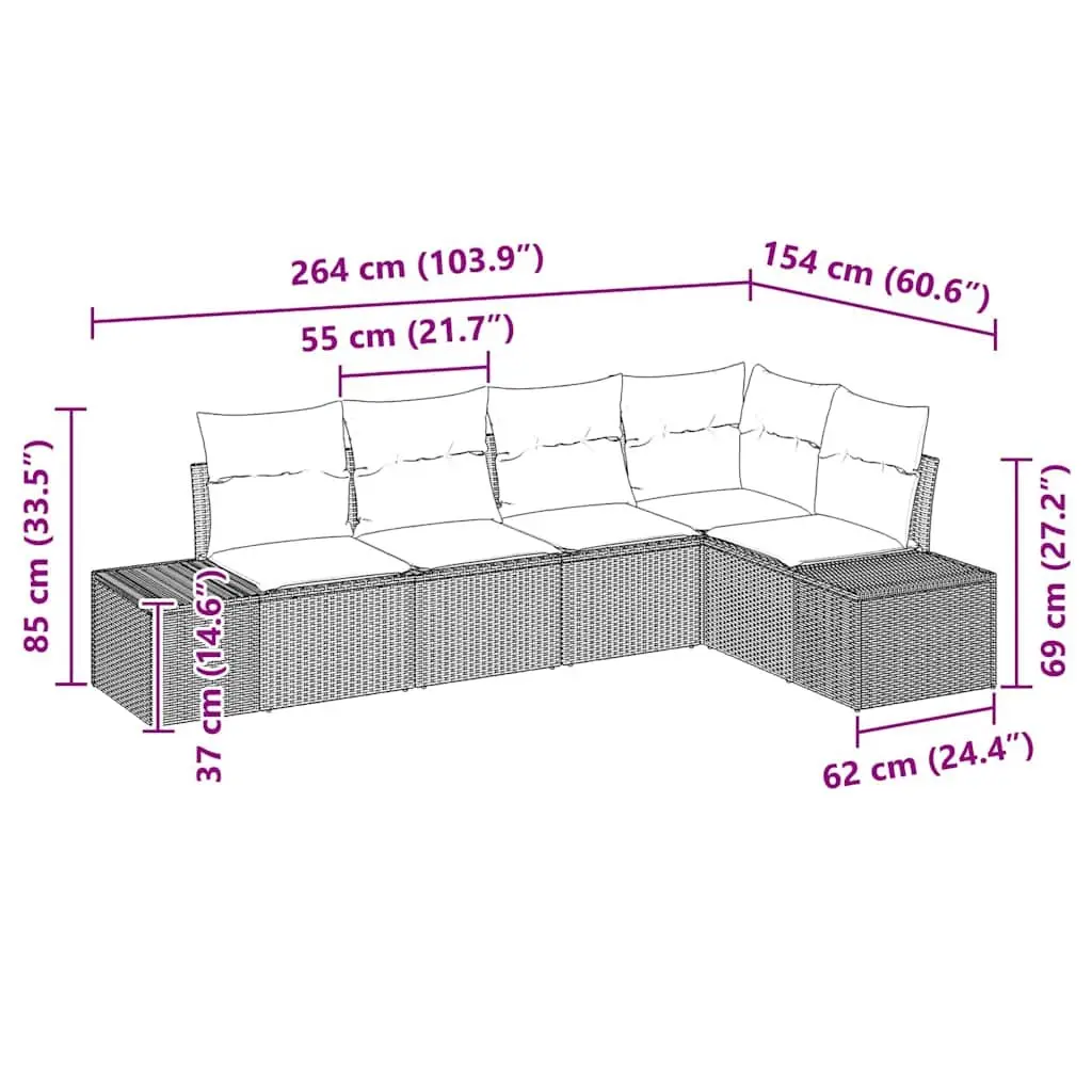 Outdoor Garden Sofa Set Modular Black 5 Piece Poly Rattan Patio Furniture