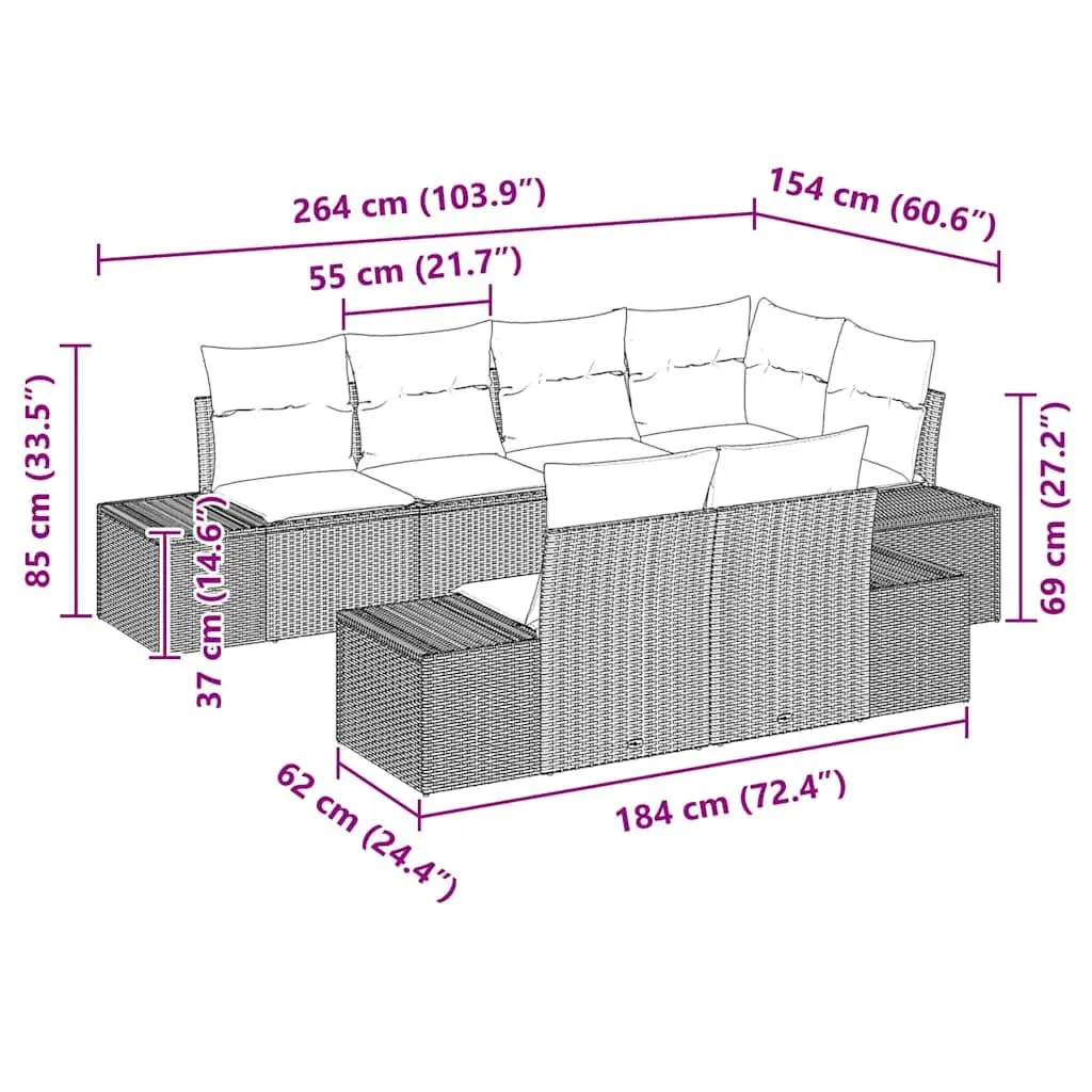 Outdoor Garden Sofa Set 7 pcs Black Poly Rattan Modular Lounge Furniture with