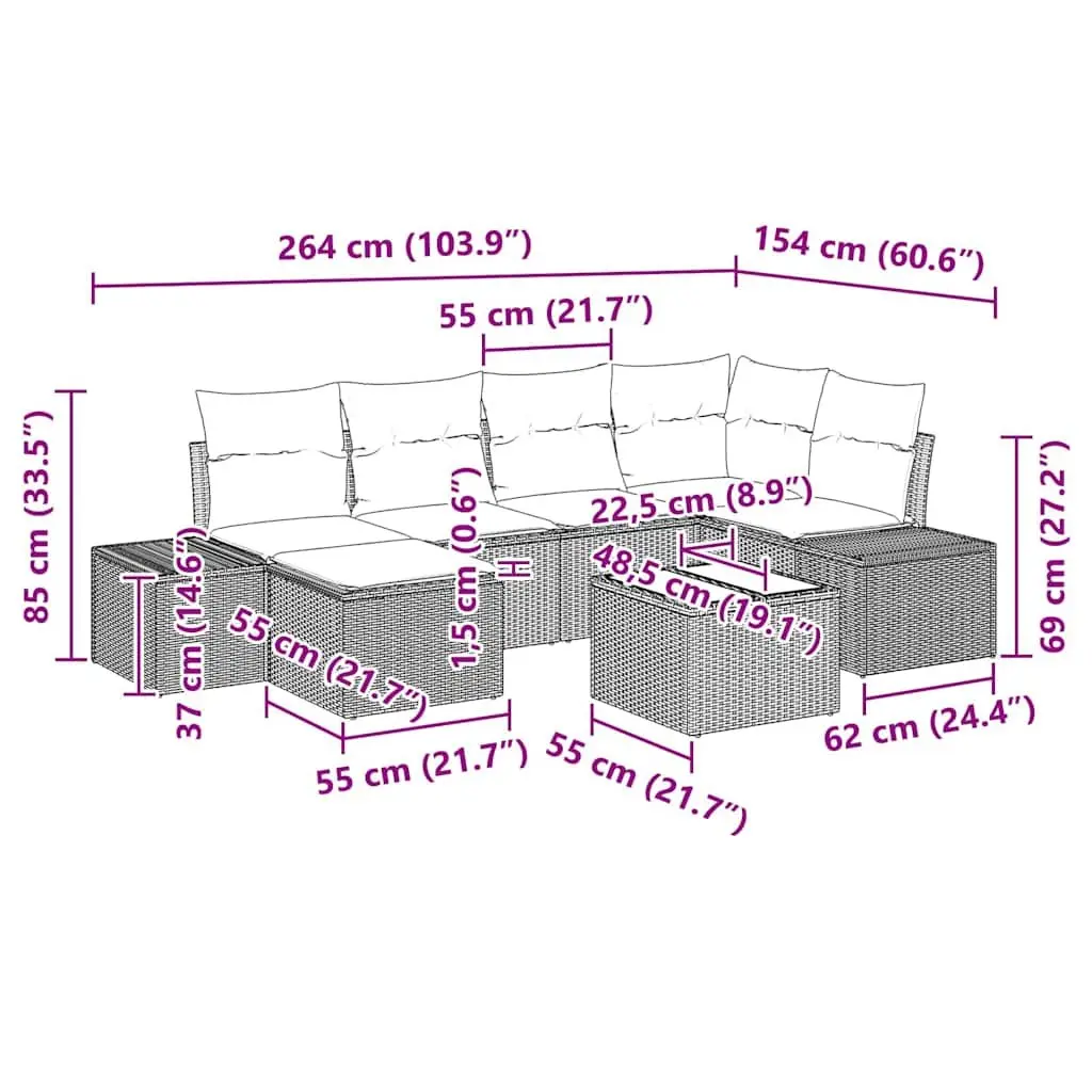 7 Piece Modular Outdoor Garden Sofa Set Rattan Furniture with Cushions Black