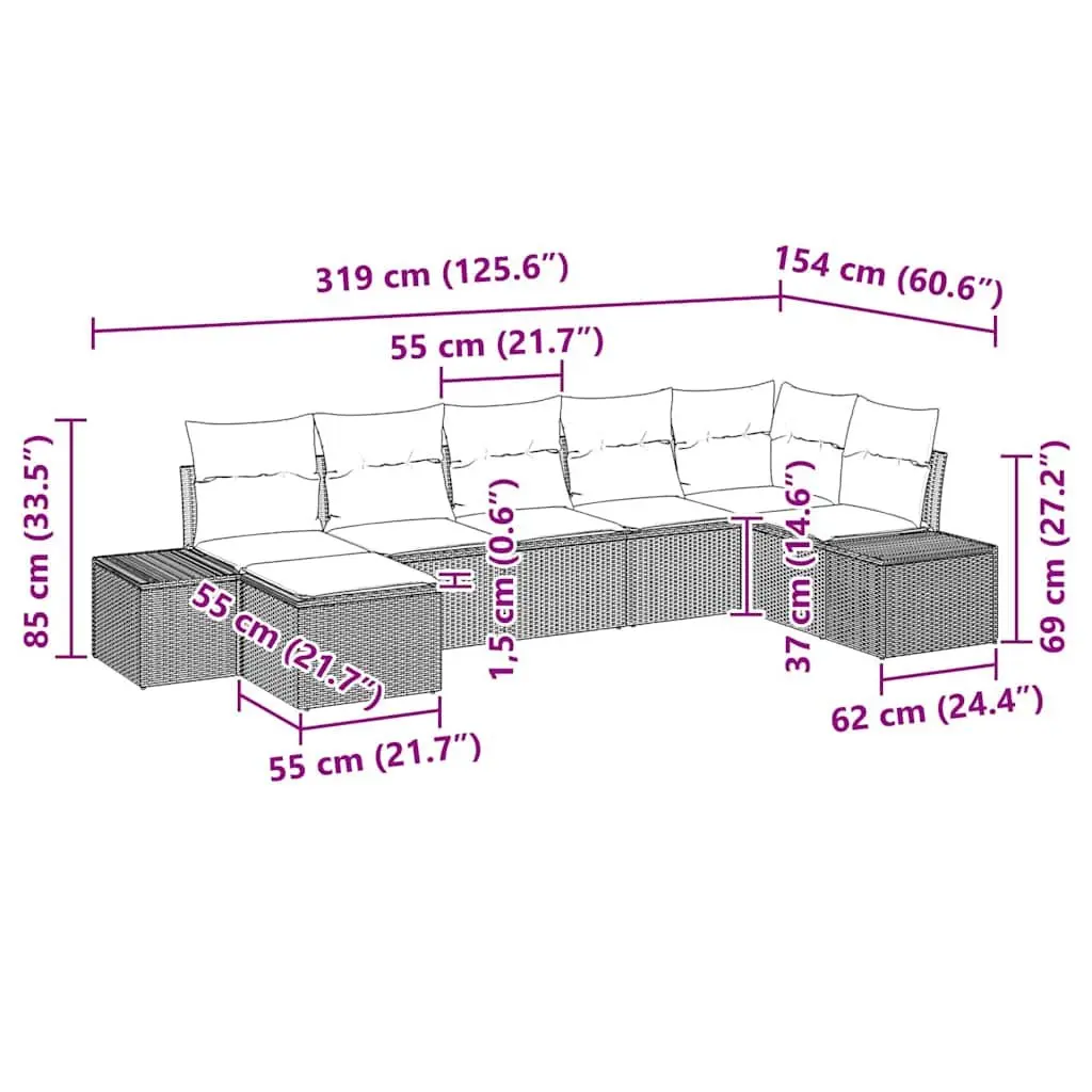 Garden Sofa Set Modular Outdoor Sectional 7 Piece Black Poly Rattan Lounge