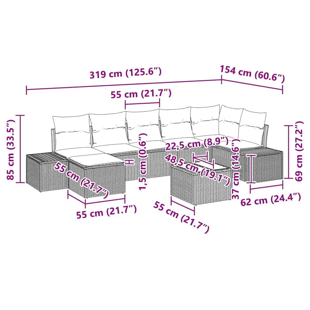 Modular Outdoor Furniture Garden Sofa Set 8 Pieces Black Poly Rattan Sectional