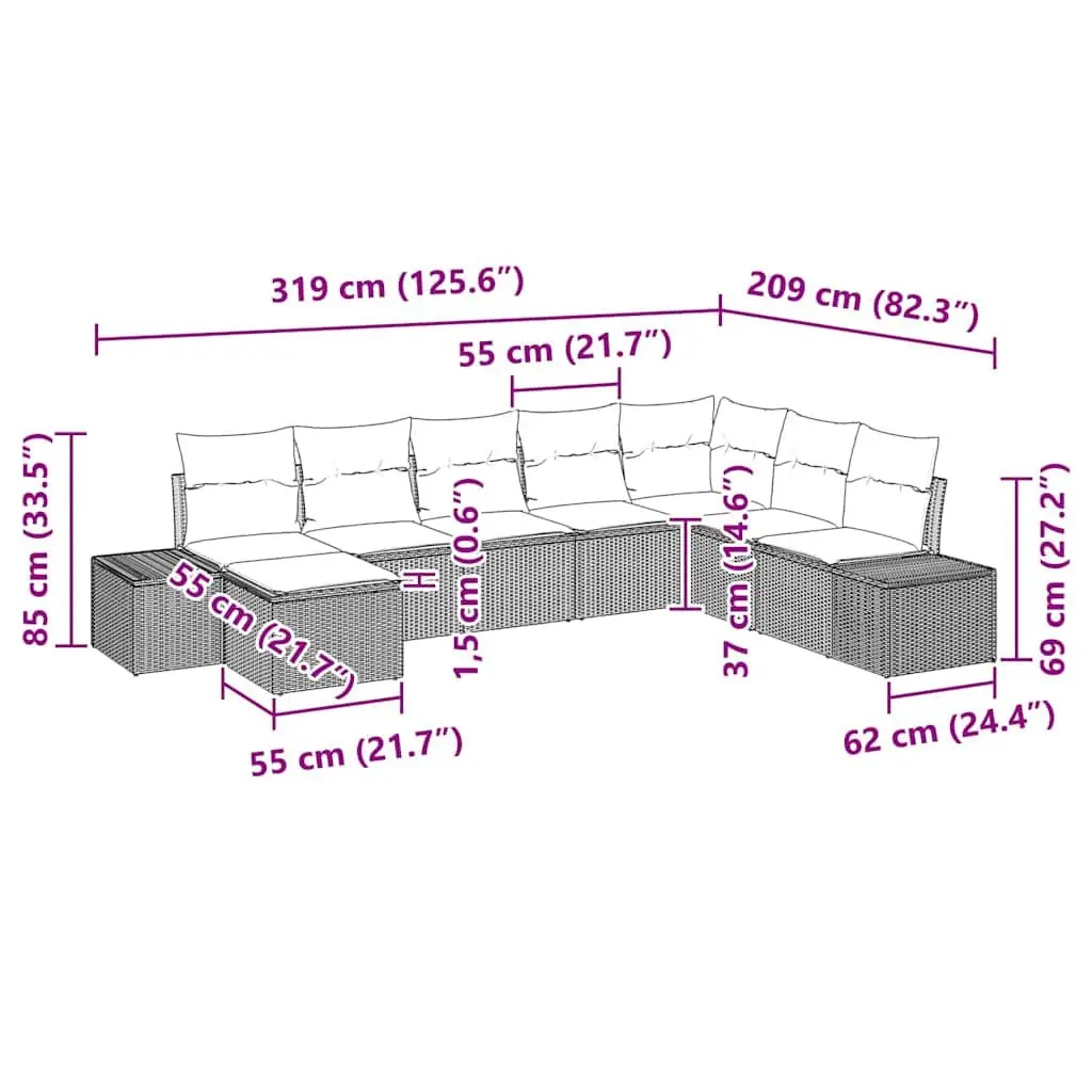 Outdoor Sofa Set Poly Rattan Garden Furniture Black with Cushions Modular 8pc