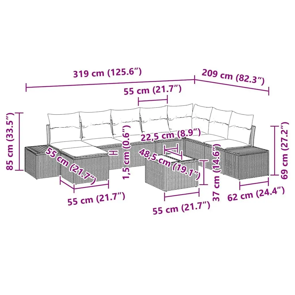 Outdoor Garden Sofa Set Modular Poly Rattan Sectional Black 9 Piece