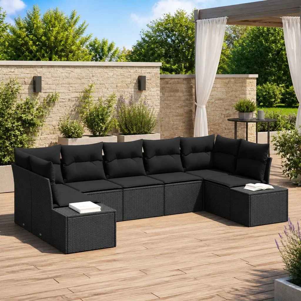 Modular Outdoor Sofa Set 7 Pieces Black Poly Rattan Durable Furniture