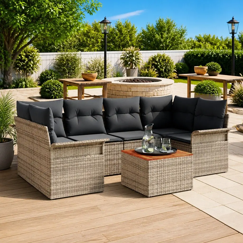Modular Garden Sofa Set Grey Poly Rattan 7 Pieces Outdoor Patio Furniture