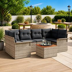 Modular Garden Sofa Set 7 Pieces Grey Poly Rattan Outdoor Patio Furniture