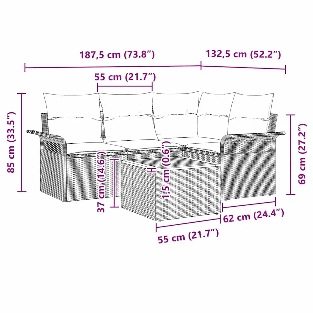 Modular Garden Sofa Set Grey Poly Rattan 5 Pieces Outdoor Furniture with Table
