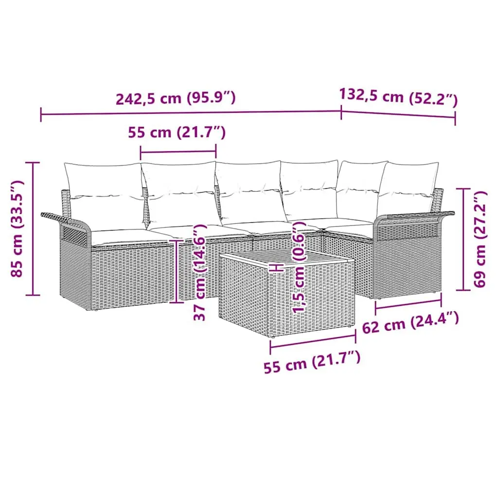 Garden Sofa Set Modular Outdoor Furniture Grey Poly Rattan 6 Piece