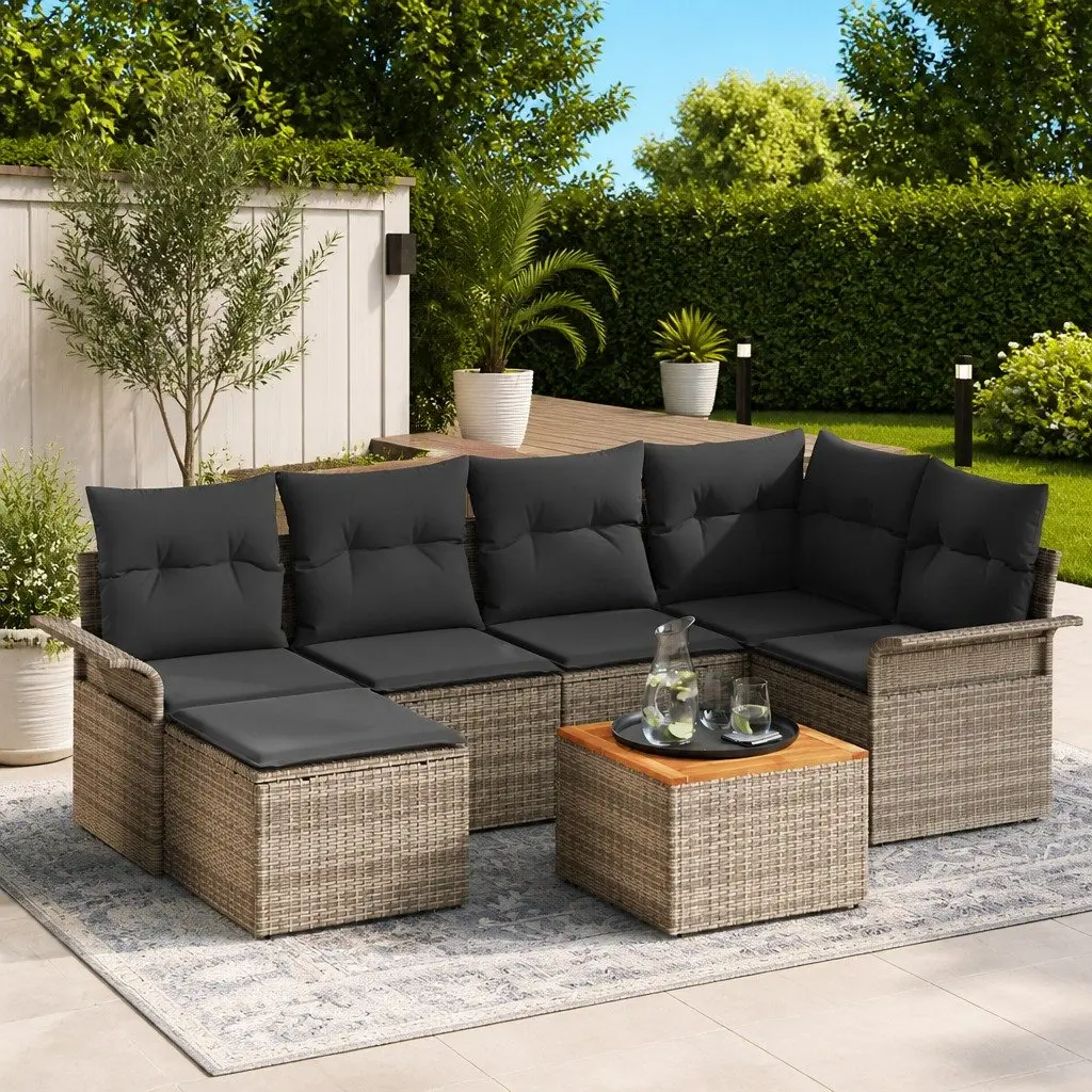 Modular Outdoor Sofa Set Grey Poly Rattan 7 Piece Patio Furniture