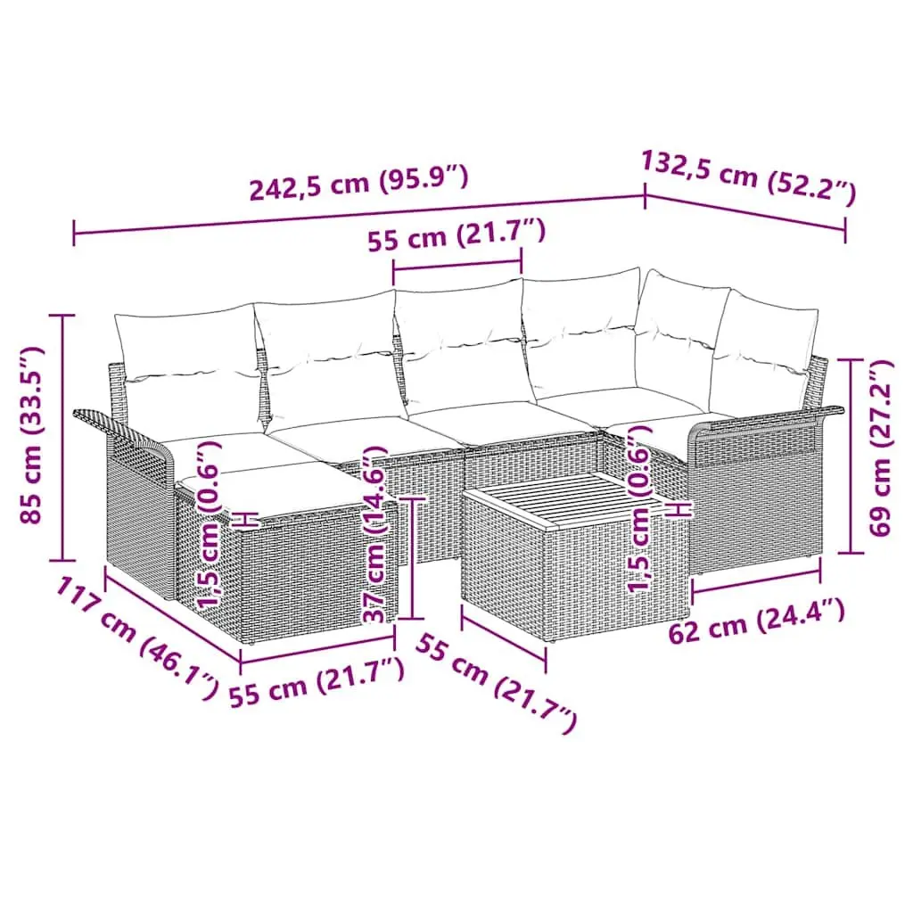 Modular Outdoor Sofa Set Grey Poly Rattan 7 Piece Patio Furniture