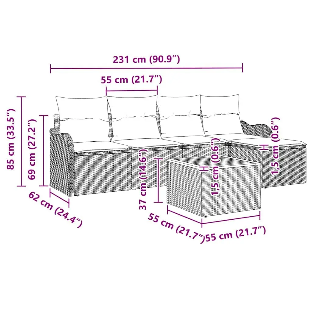 Modular Garden Sofa Set 6 Piece Grey Poly Rattan Outdoor Furniture