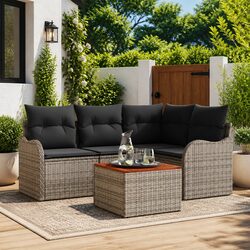 Garden Sofa Set 5 Pieces Modular Outdoor Furniture Grey Poly Rattan Cushions