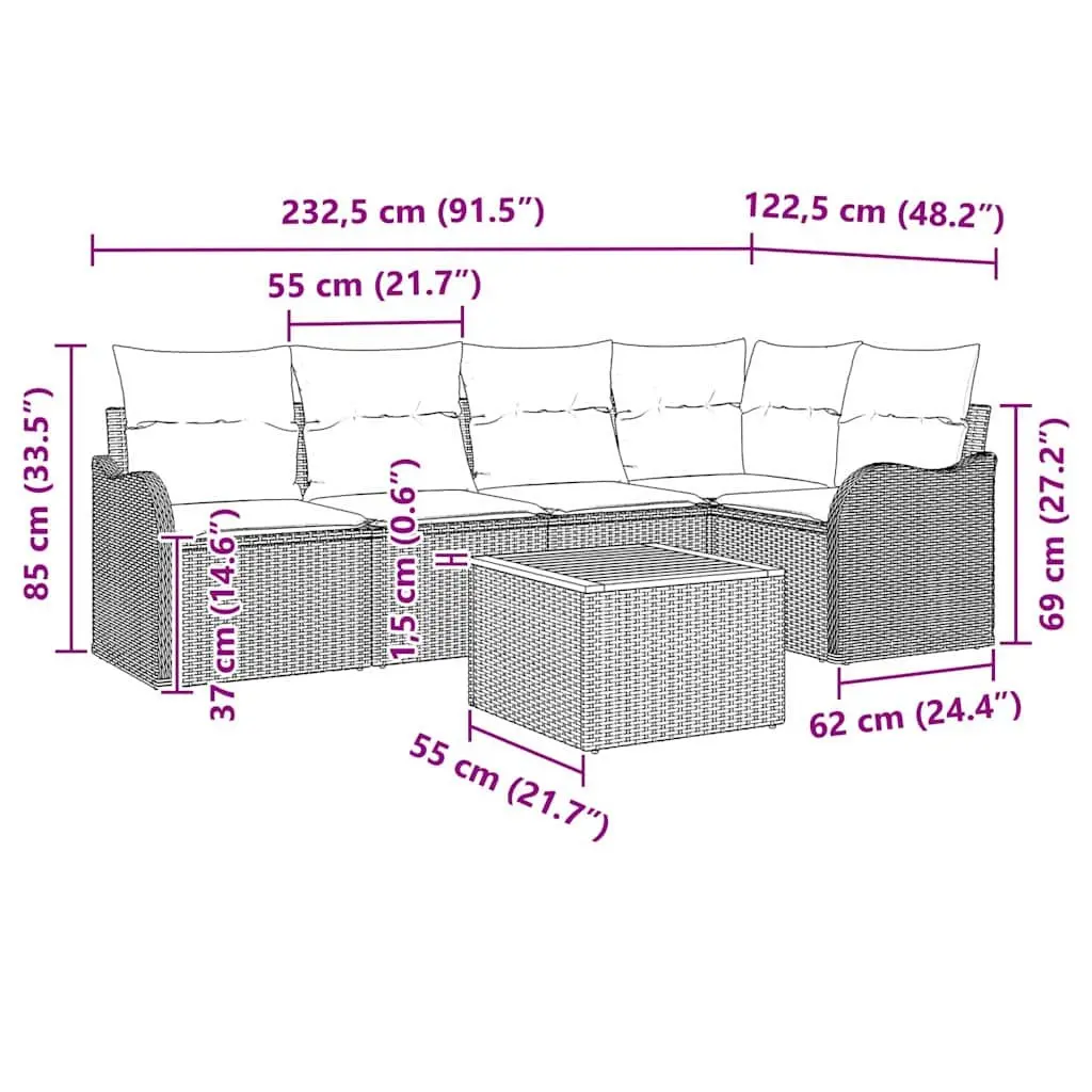Garden Sofa Set 6 Piece Modular Outdoor Furniture Grey Poly Rattan with Cushions