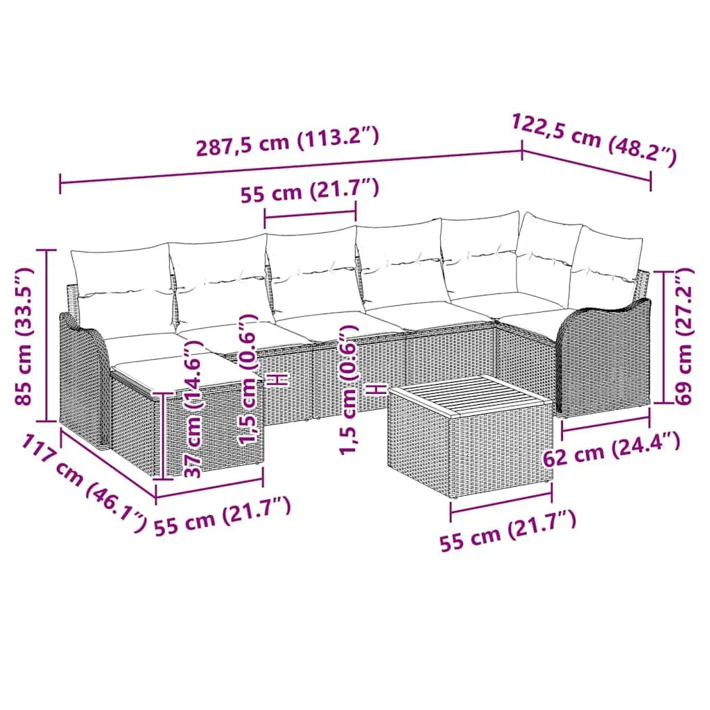 Modular Garden Sofa Set 8 Piece Grey Poly Rattan Outdoor Patio Furniture