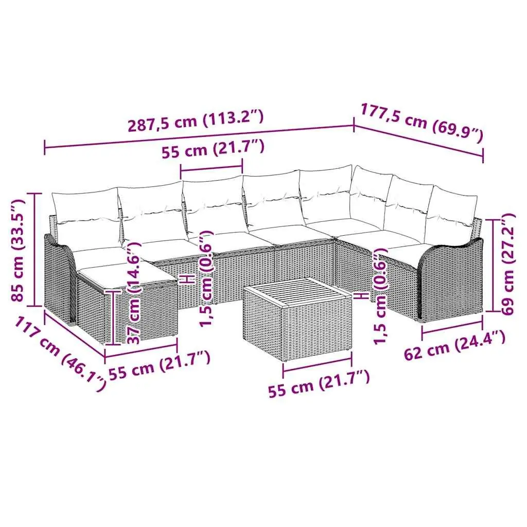 Modular Garden Sofa Set Grey 9 Pieces Poly Rattan Outdoor Patio Furniture