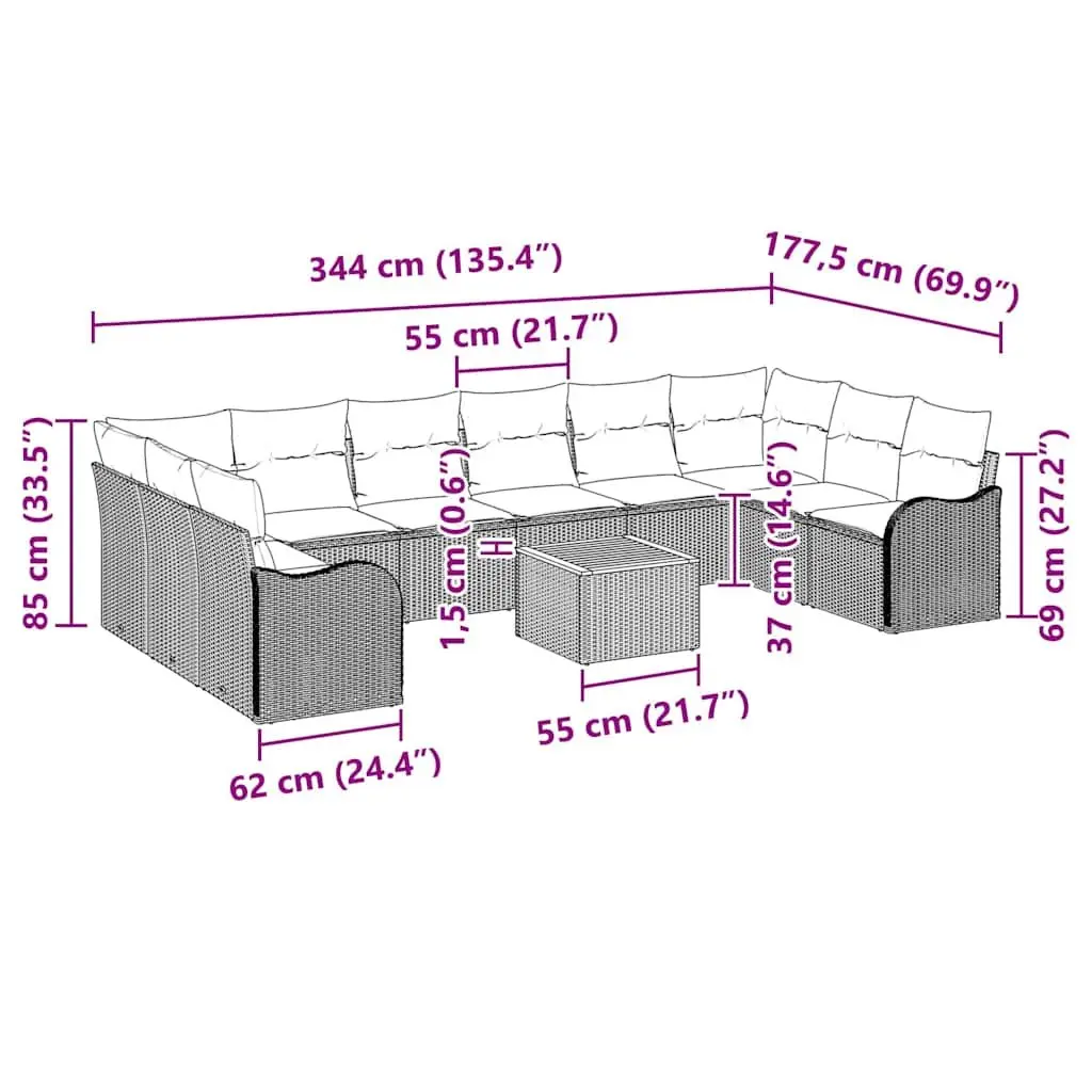 Modular Garden Sofa Set 11 Pieces Grey Poly Rattan Outdoor Furniture Patio