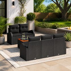 Modular Garden Sofa Set 6 Pieces Outdoor Furniture Poly Rattan Cushion Black