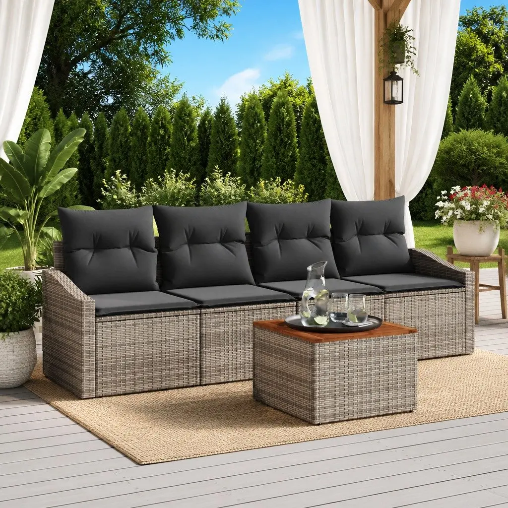 Outdoor Furniture Set Modular Garden Sofa 5 Piece Grey Poly Rattan with Acacia Wood for Patio Seating