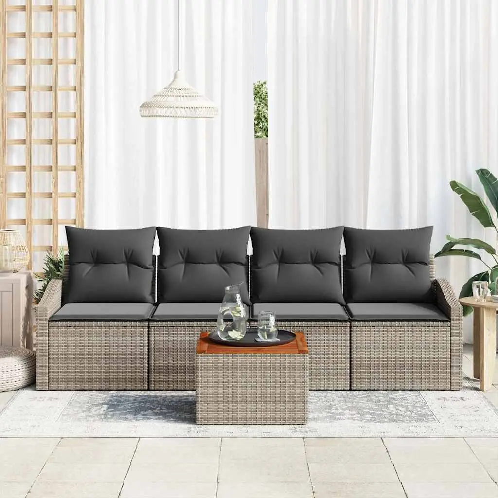 Outdoor Furniture Set Modular Garden Sofa 5 Piece Grey Poly Rattan with Acacia Wood for Patio Seating