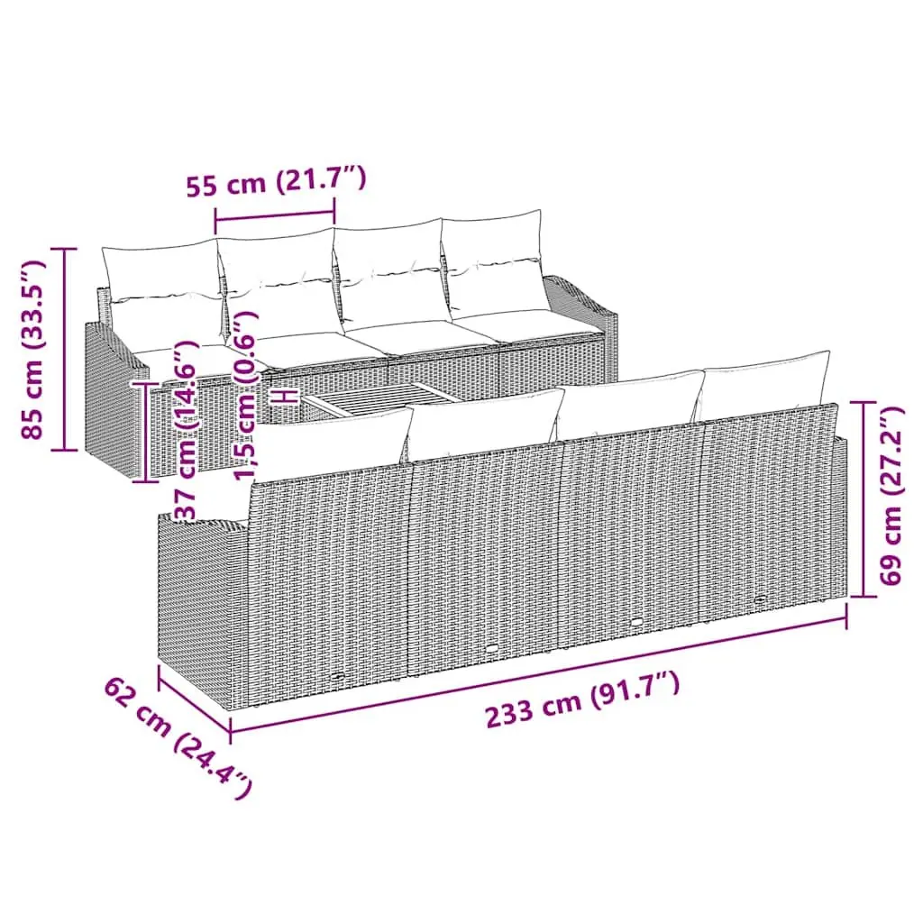 Modular Outdoor Garden Sofa Set 9 Pieces Grey Poly Rattan for Patios and Courtyards