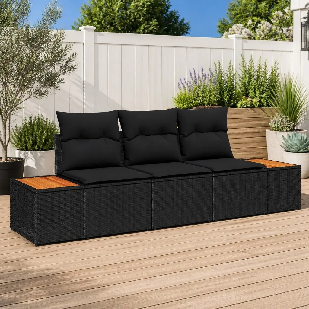 3 Piece Modular Outdoor Sofa Set Black Poly Rattan Patio Furniture