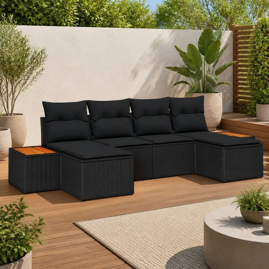Modular Outdoor Sectional Sofa Set 6 Pieces Black Poly Rattan Ergonomic Comfort