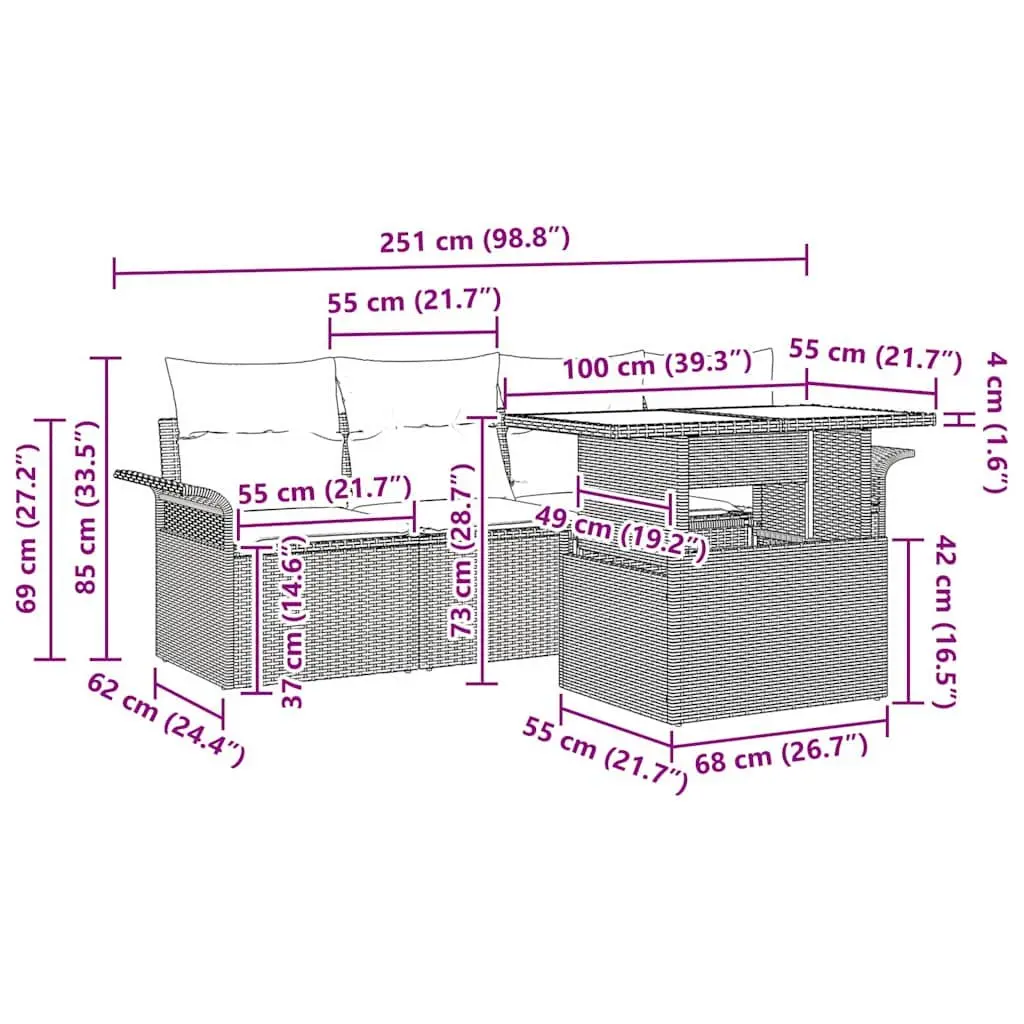 Garden Sofa Set 5 Piece Grey Handwoven Poly Rattan with Weather Resistant Cushions and Tempered Glass Table