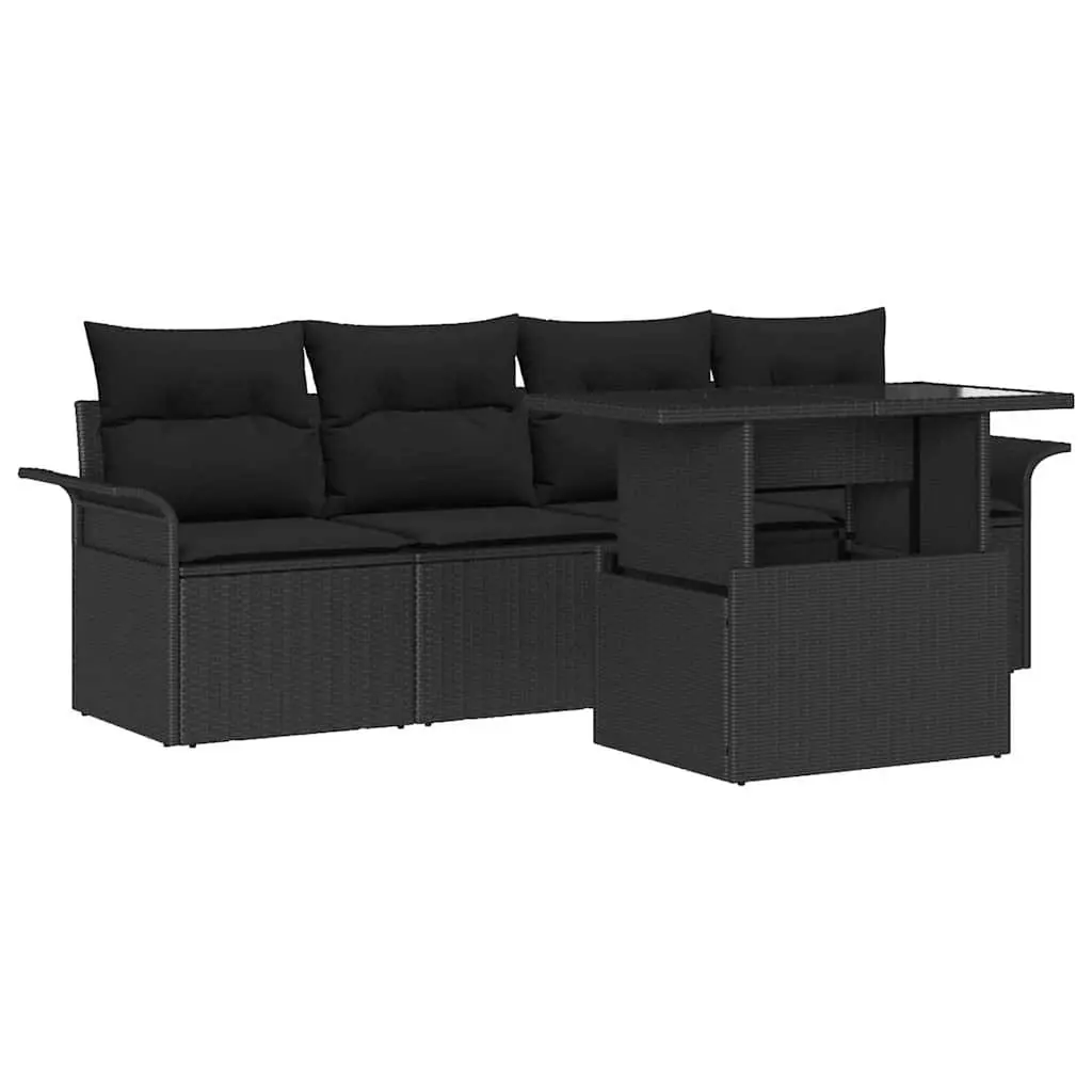 Garden Sofa Set 5 Pieces Black Poly Rattan Outdoor Furniture with Cushions