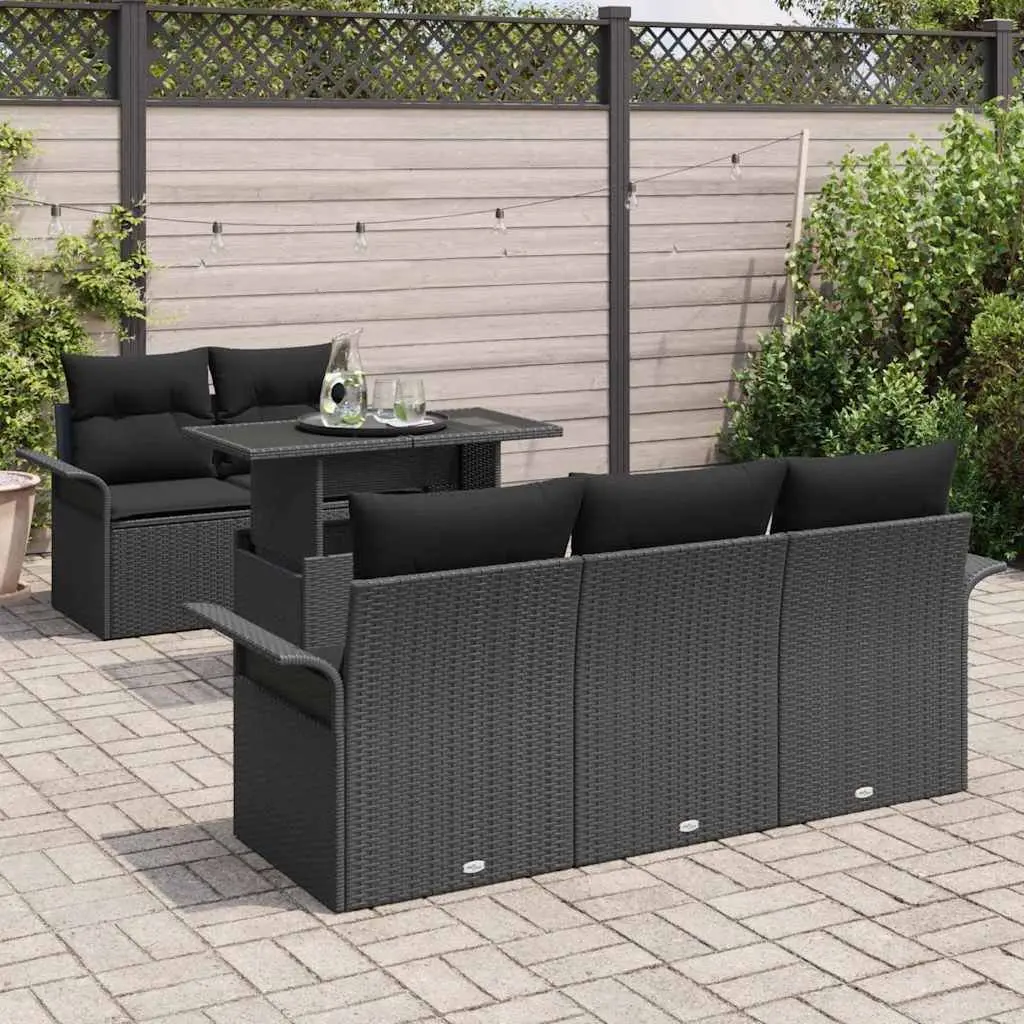 Modular Black Poly Rattan Outdoor Sofa Set 6 Pieces with Adjustable Table