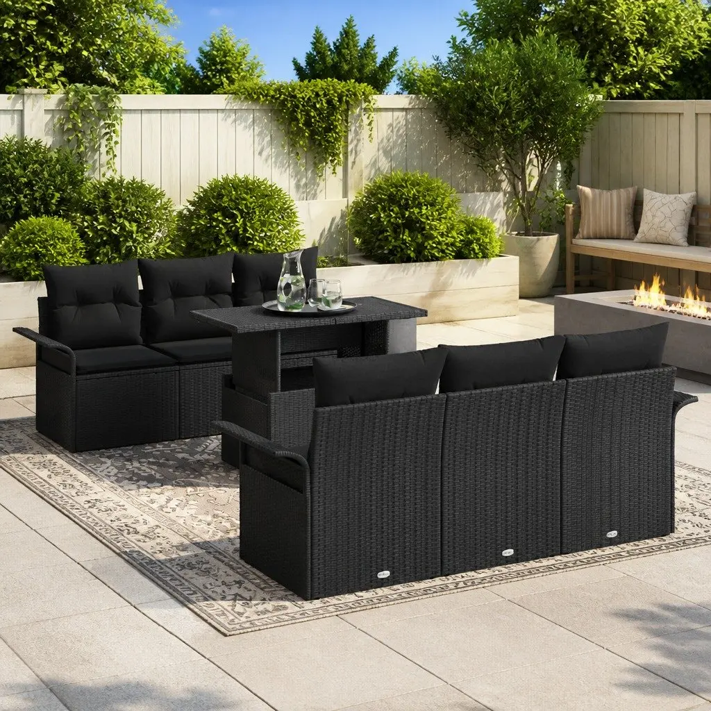 Modular Outdoor Furniture Set 7 Pieces Black Poly Rattan Garden Sofa with Adjustable Table