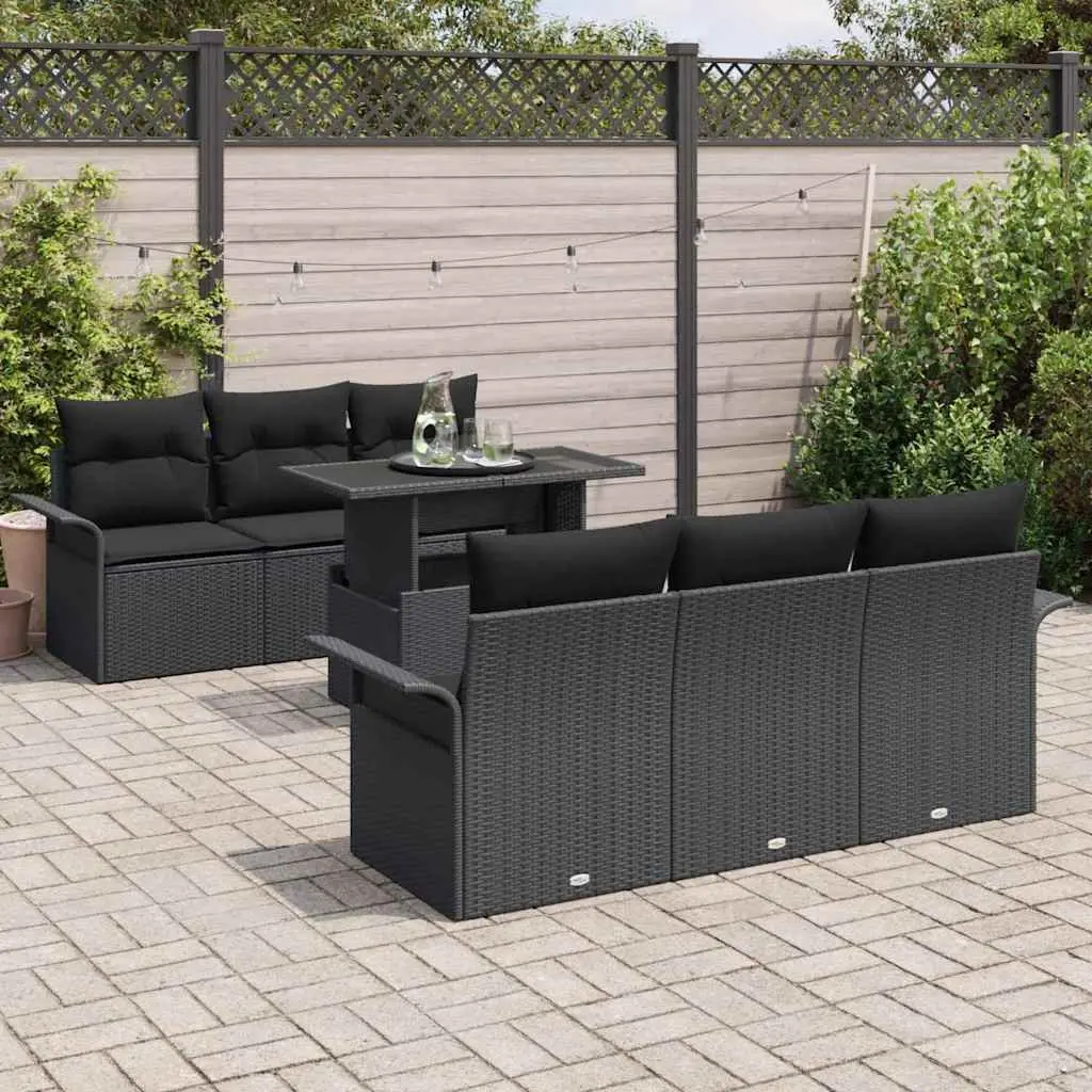 Modular Outdoor Furniture Set 7 Pieces Black Poly Rattan Garden Sofa with Adjustable Table
