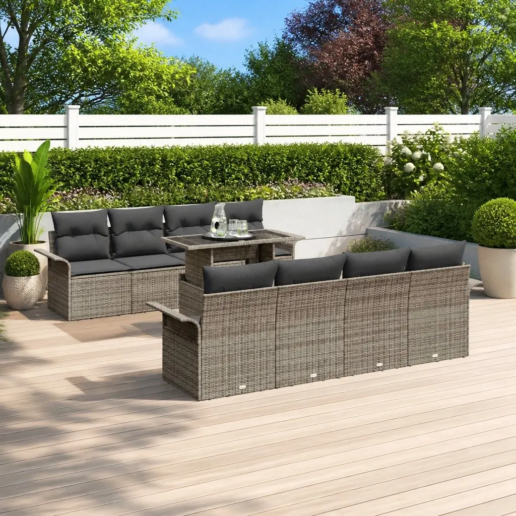 Modular Outdoor Furniture Sofa Set Grey Poly Rattan 9 Piece with Cushions and Height Adjustable Table