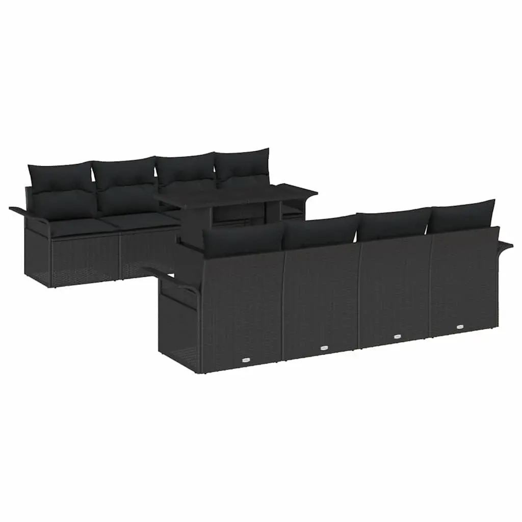 Modular Garden Sofa Set Black Poly Rattan 9 Pieces Outdoor Furniture with Height Adjustable Table