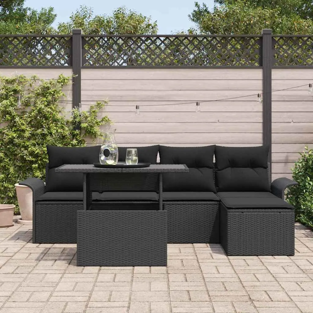 Modular Garden Sofa Set Black Poly Rattan 6 Pieces Outdoor Furniture