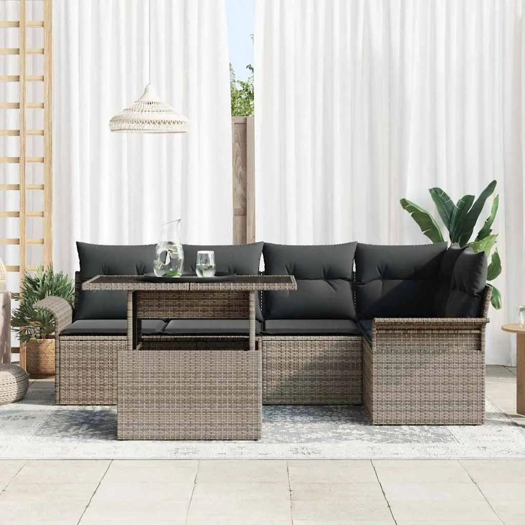 Modular Garden Sofa Set 6 Piece Poly Rattan Acacia Wood Cushions