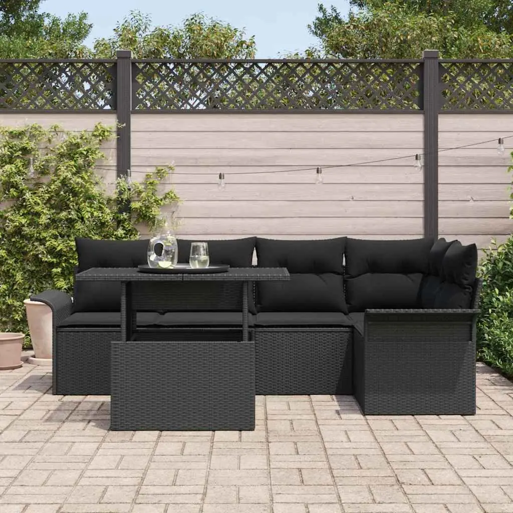 Modular Garden Sofa Set Black Poly Rattan Acacia Wood Outdoor Furniture 6 Piece