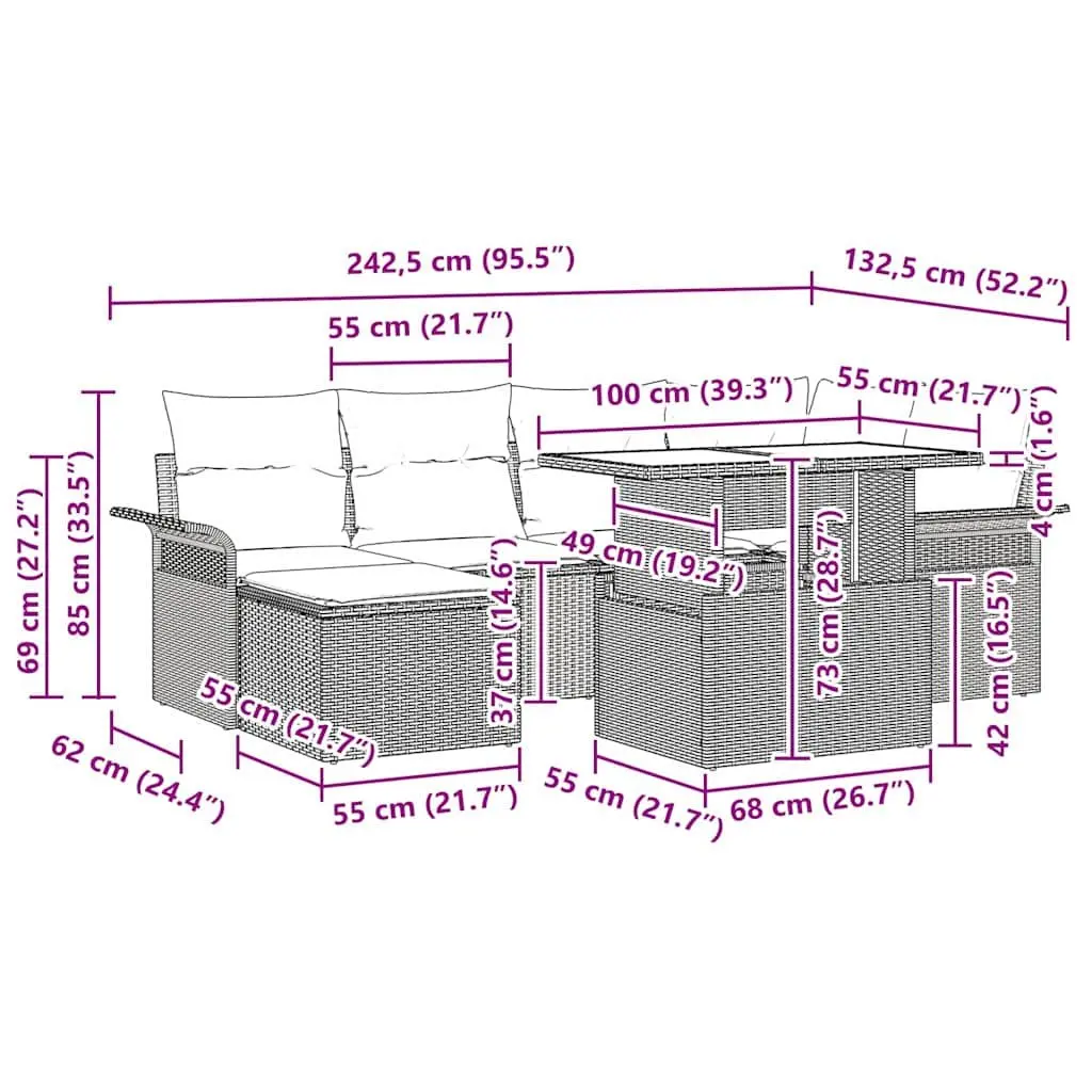 Garden Sofa Set 7 Piece Black Outdoor Furniture with Cushions Glass Table