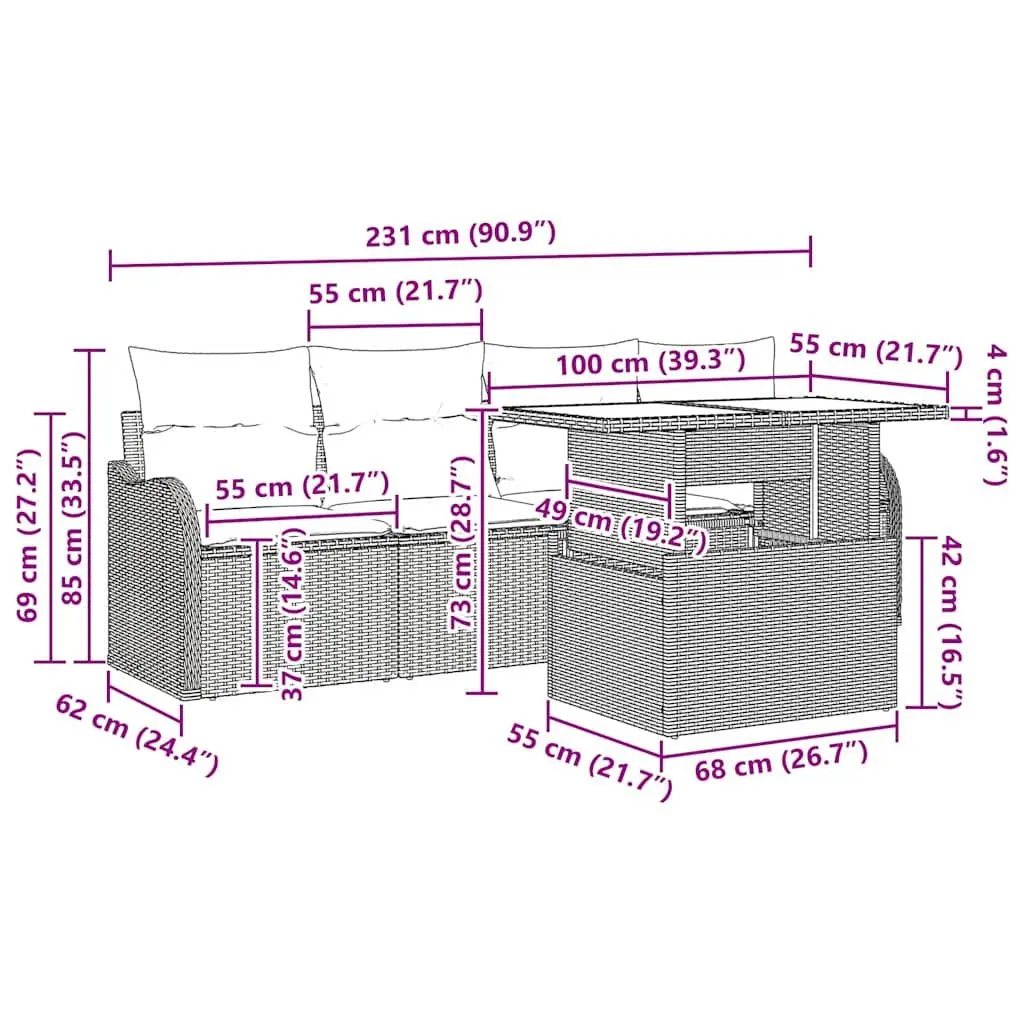 5-Piece Outdoor Garden Sofa Set with Cushions Table Grey Poly Rattan Modular