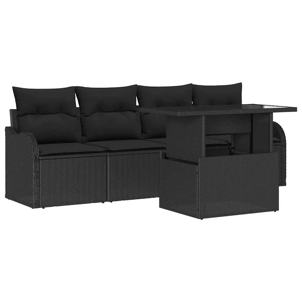 Outdoor Sofa Set 5 Pieces Black Poly Rattan Garden Furniture with Cushions Table