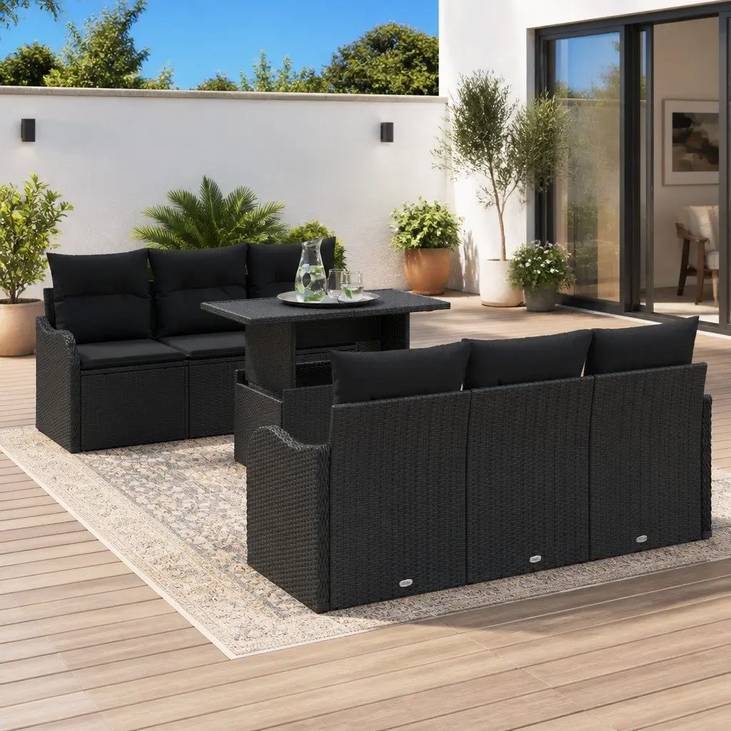 7 Piece Modular Outdoor Sofa Set Black Poly Rattan Garden Furniture